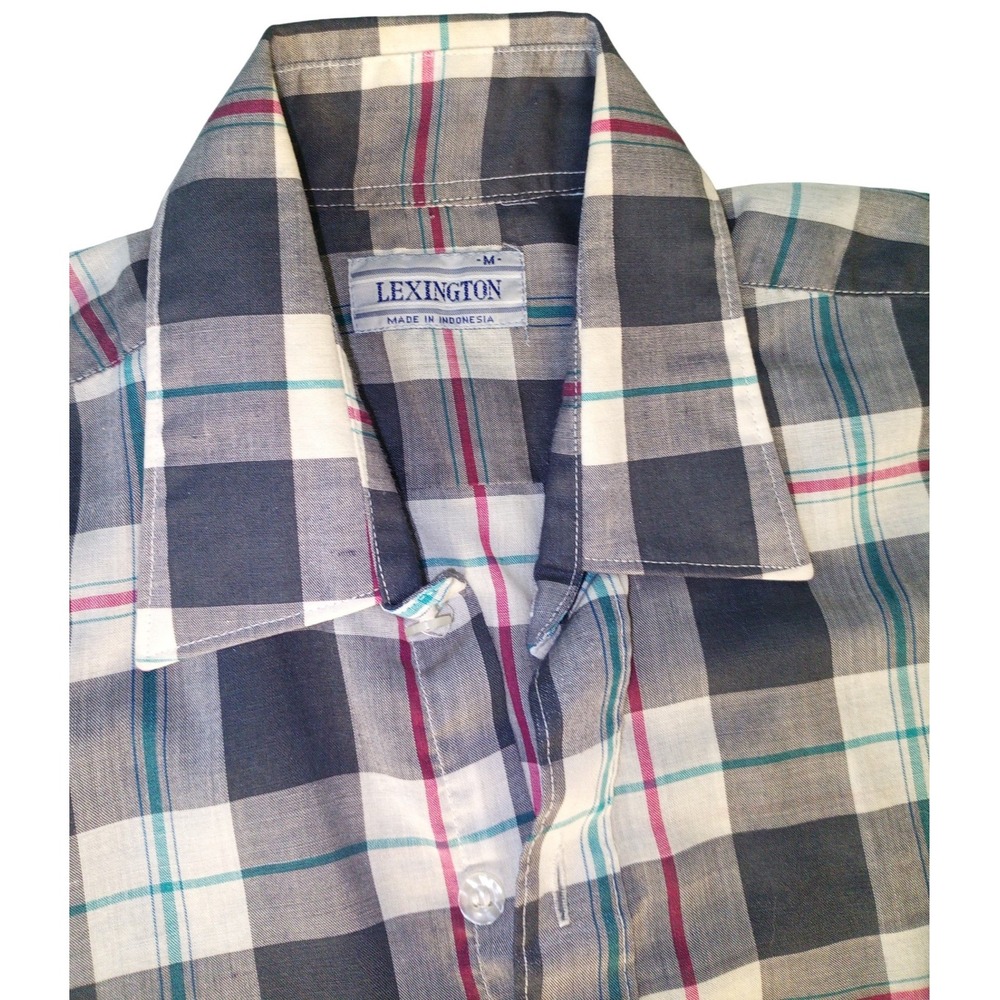 Vtg Lexington Mens Plaid Shirt Grey Teal Magenta Long Slv Size M.A128
